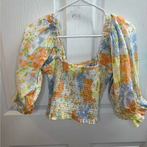 Billabong White Floral Smocked Peasant Blouse with Orange & Blue Flowers